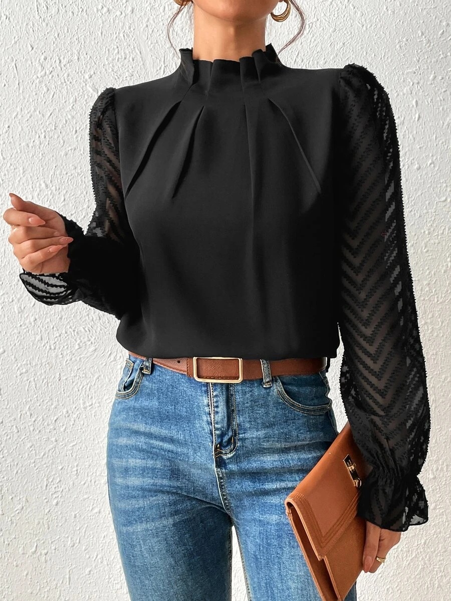 Picture of 2024 Europe and the United States Amazon cross-border women's autumn and winter new half-high collar stitching wave chiffon long sleeve top
