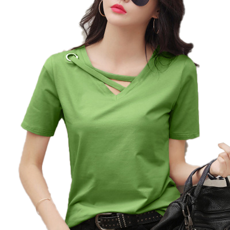Picture of Short-Sleeved Women's 2025 New Summer White T-Shirt, Women's V-Neck Loose Korean Style Black Top, Casual Ins-Style Trendy Shirt