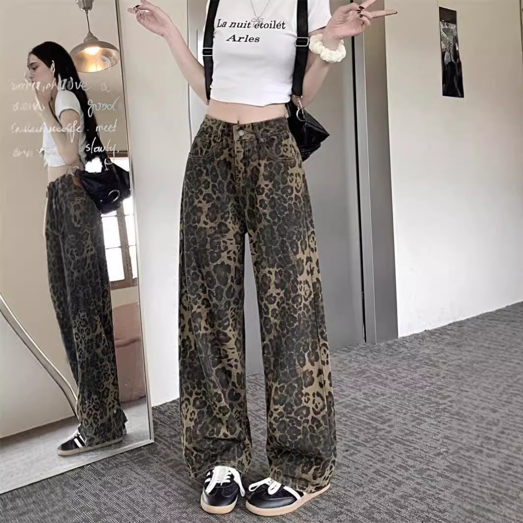 Spring and Summer 2024 New American Style Retro Washed Leopard Print Straight Jeans Women's High Street hiphop Loose Wide Leg Pants