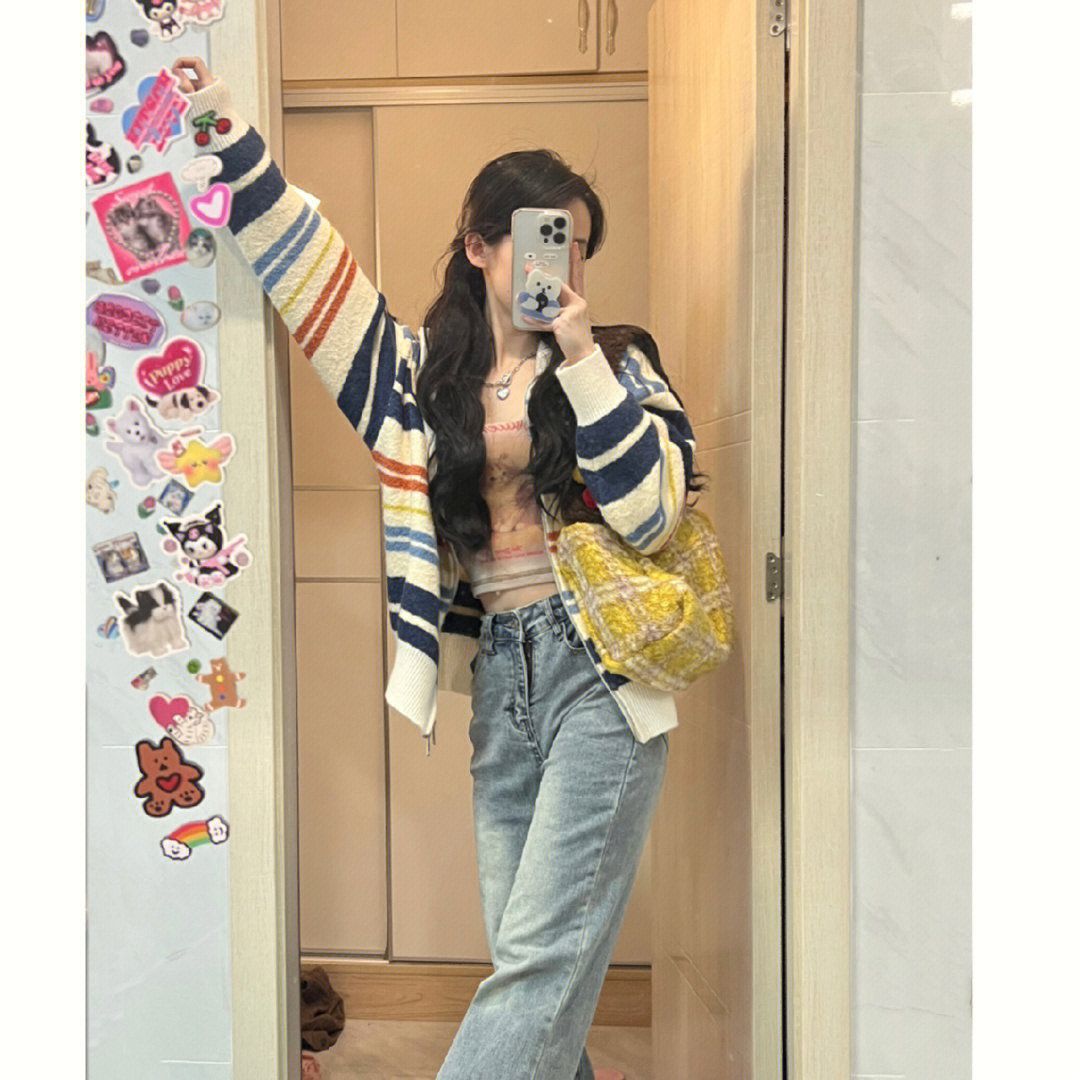 Picture of Rainbow Striped Vintage Double Zipper Cardigan Lapel Loop Sand Spring Age-reducing Design Sense Knitted Sweater for Women
