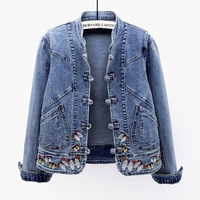 Cross-border new denim jacket for women, short versatile, vintage Chinese embroidered stretch jacket, slim top, trendy top