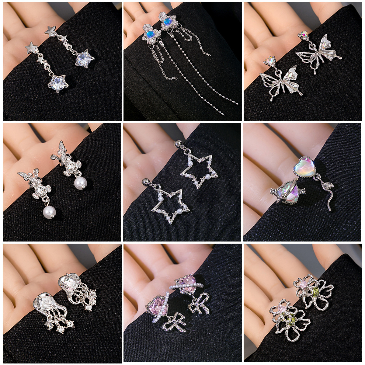 Silver Needle European and American Metal Wind Earrings Collection High Sense Geometric Tassel Earrings Ins Star Butterfly Diamond Earrings