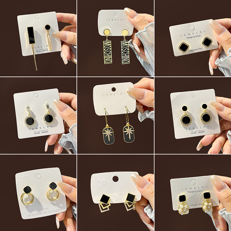 Silver Needle Vintage Black Square Drop Oil Pearl Earrings Collection Hong Kong Style Exquisite Diamond Geometric Earrings Drop Earrings
