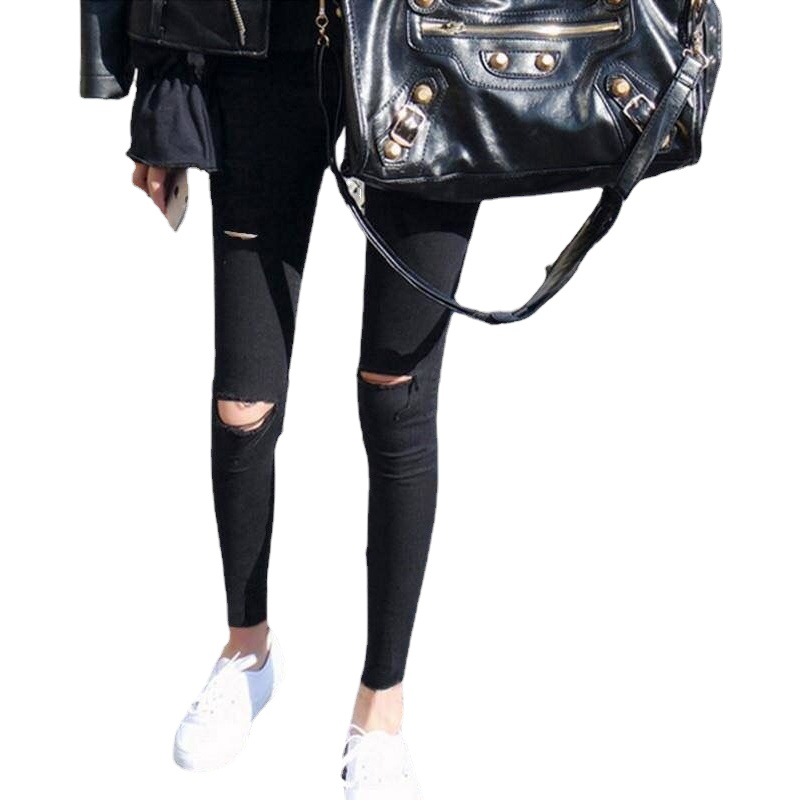 Wholesale Twill Ripped Leggings Women's Pants Autumn Tight Outer Wear Black Slim Magic Leggings Pencil Small Black Pants