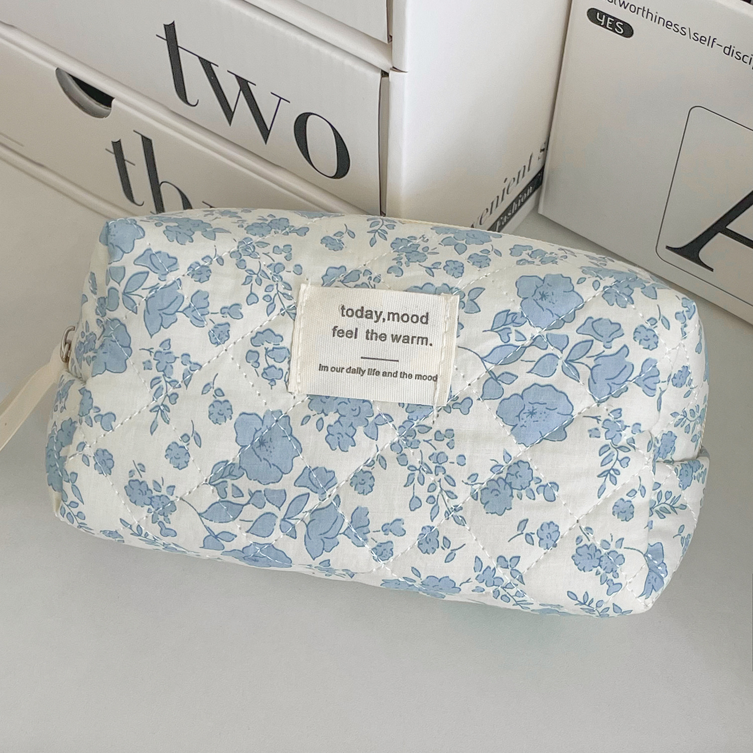 Picture of Blue Begonia Flower Cosmetic Bag Retro Student High-value Wash Bag Outgoing Portable Travel Storage Bag Octagon Bag
