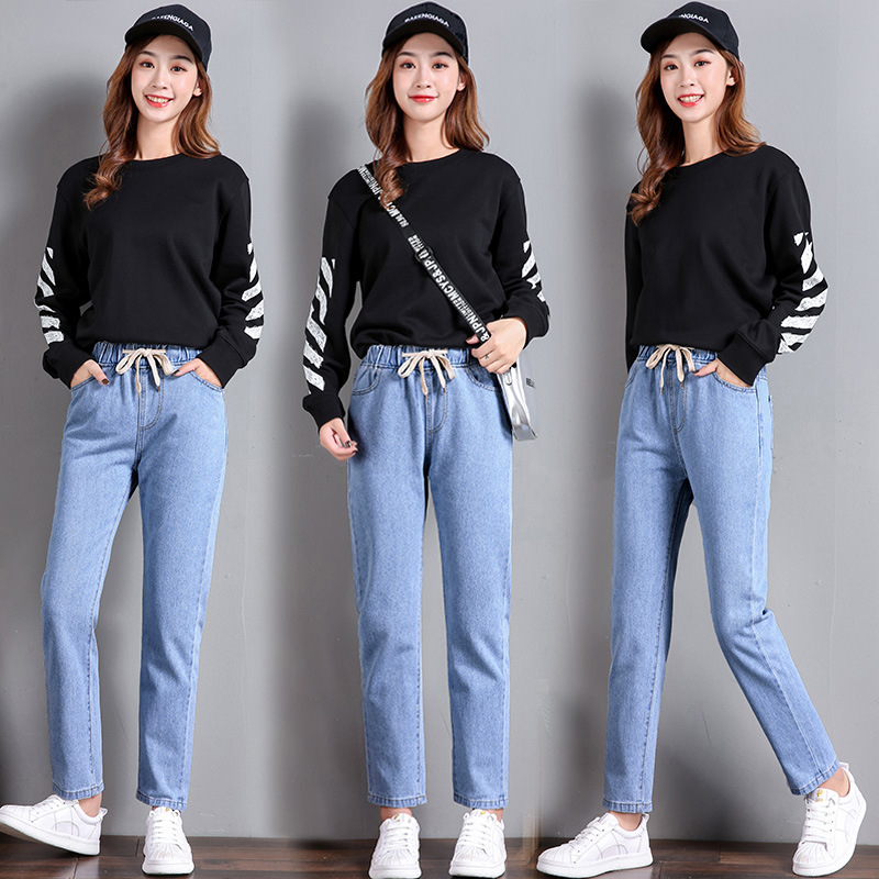 Picture of Korean Style Women's Straight Casual Elastoelastic Waist Lace-up High Waist Student Jeans Women's Loose Cropped Torre Pants Women