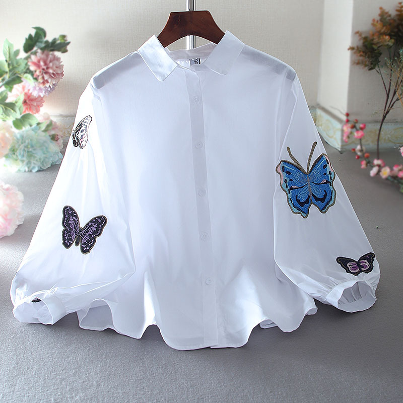 Loose Casual Fresh Embroidery Lantern Sleeve Lapel Cotton Design Sense Joker Shirt Women's Top Spring Agent