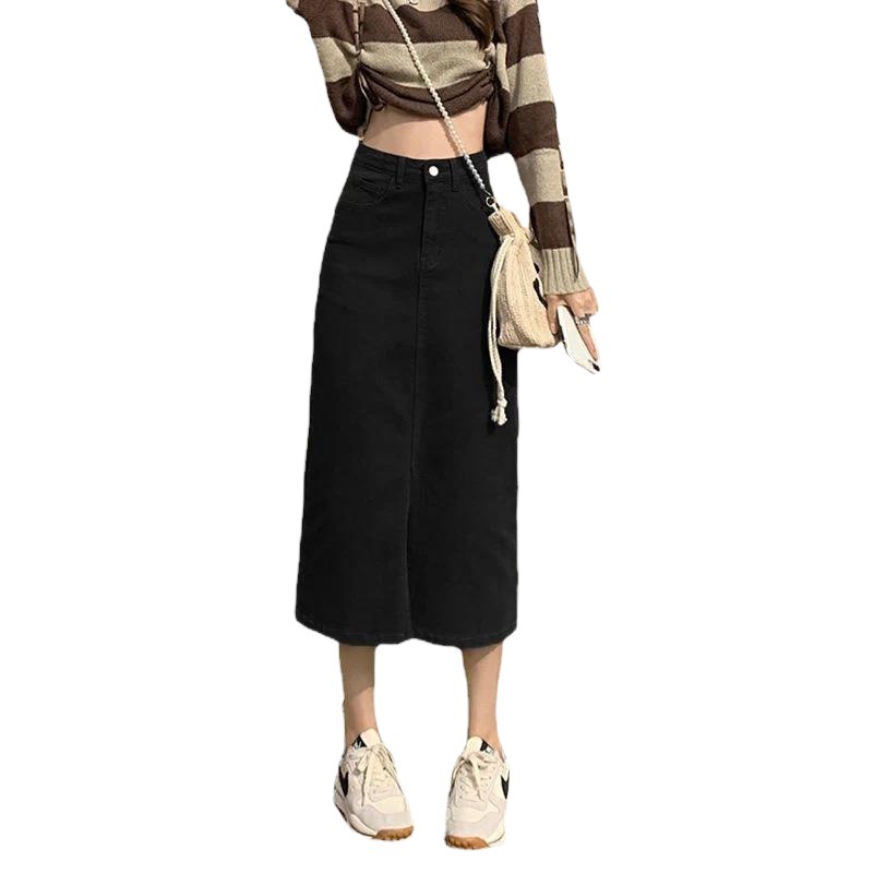 Student Denim skirt black A- line split mid-length high waist slimming versatile loose pear-shaped dress trendy