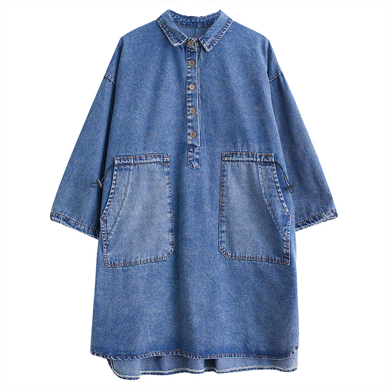 Picture of Spring and Autumn New Denim shirt skirt plus size distressed retro top drawstring large pocket loose meat covering dress