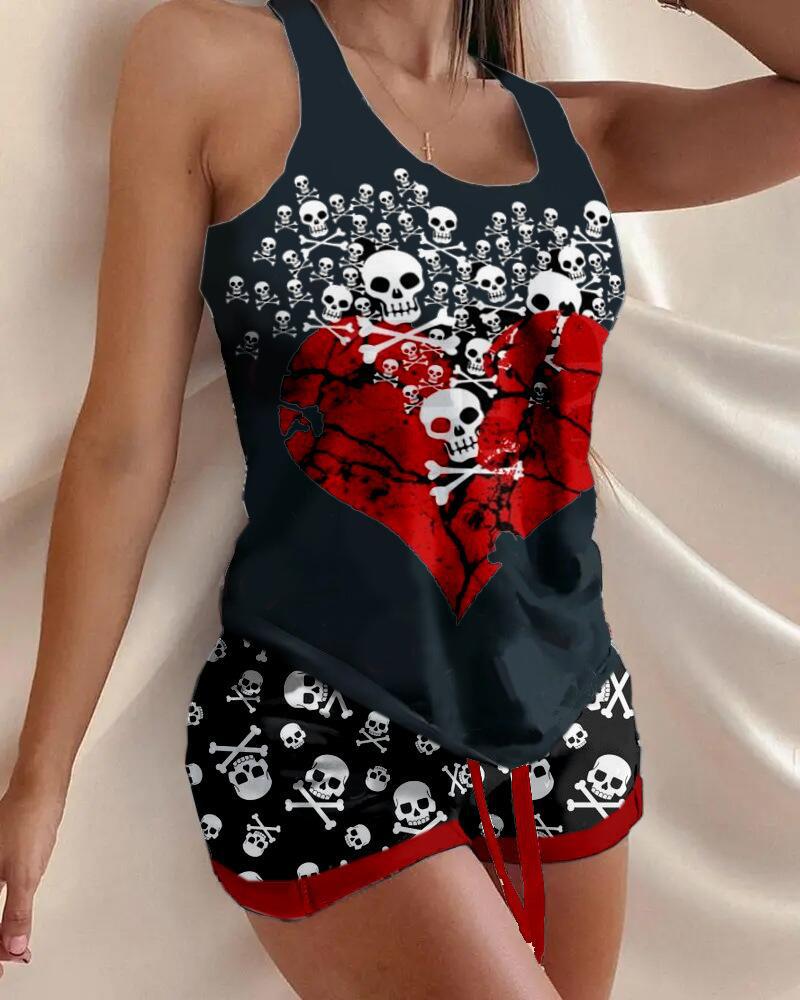 Picture of 2022 new retro I-shaped printed vest and drawstring waist shorts suit temperament commuter sleeveless women's clothing