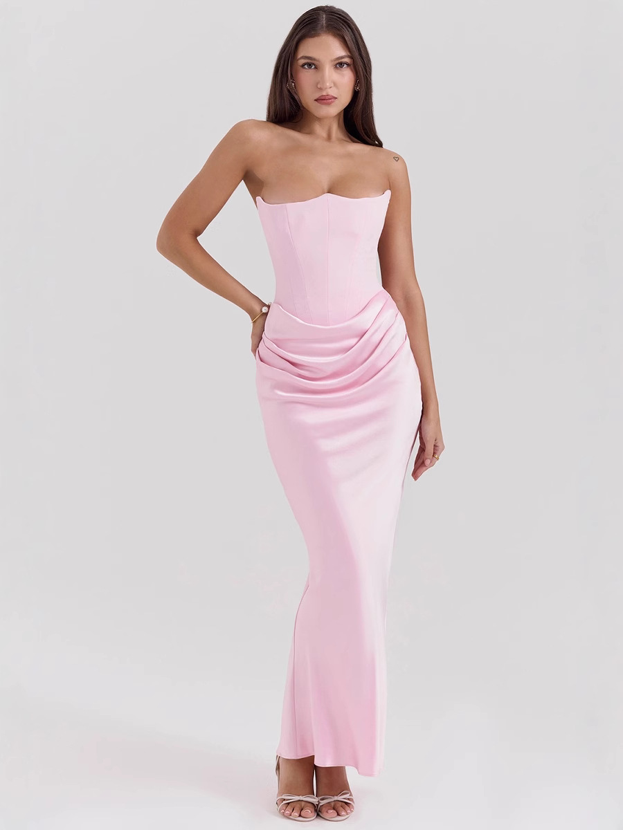Picture of European and American ins cross-border new multi-color waist tube chest off-shoulder fishbone pleated long hip conjoined dress