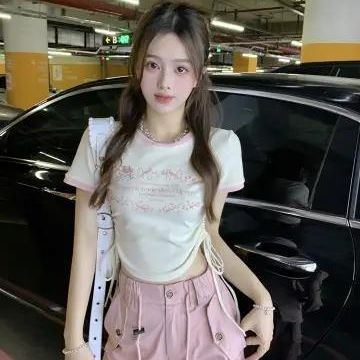 Thread retro shoulder short sleeve printed T-shirt female summer sweet spicy pure Want to niche short thin thin round collar jacket