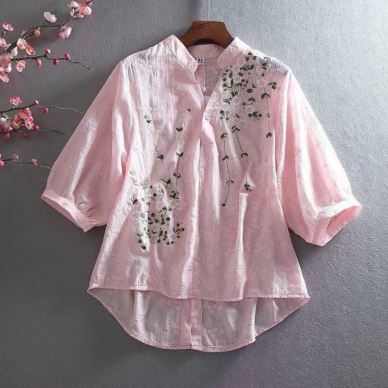 Picture of Fashion Literary Style Pastoral Style Embroidery Flower Lace Cotton Design Sense Front Short Back Long V-neck Shirt Women's Top for Summer