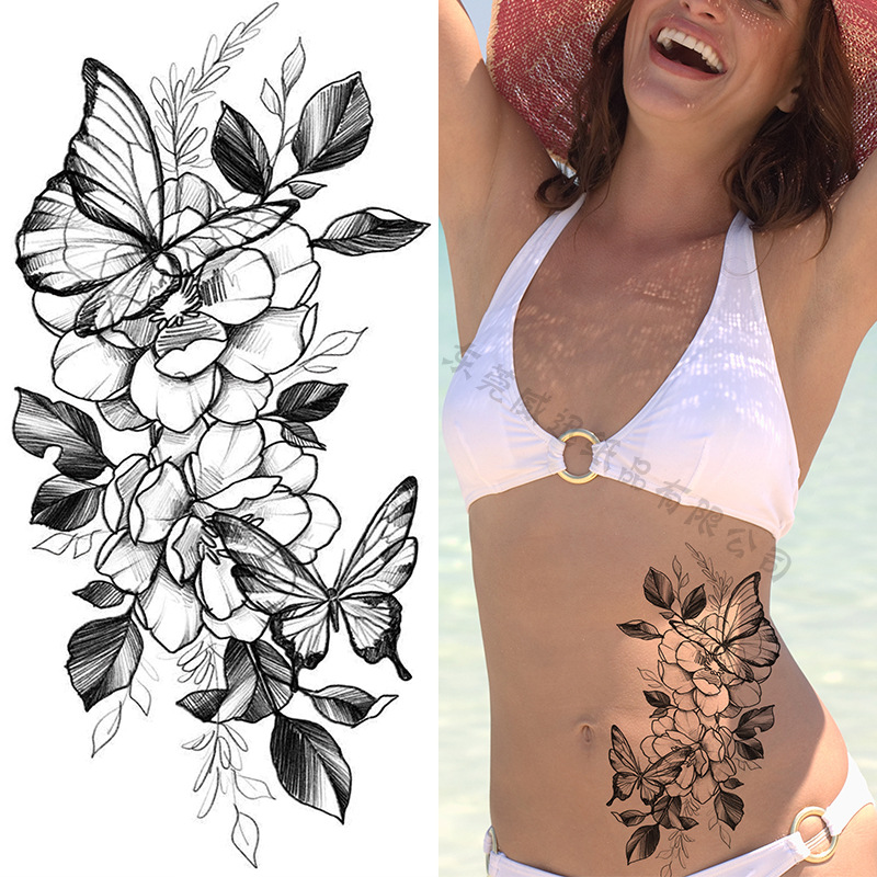 Picture of Cross-Border Supply of Sketch Flower Tattoo Stickers, Sketch Tattoo Stickers, Rose Flower Black and White Flower Tattoo