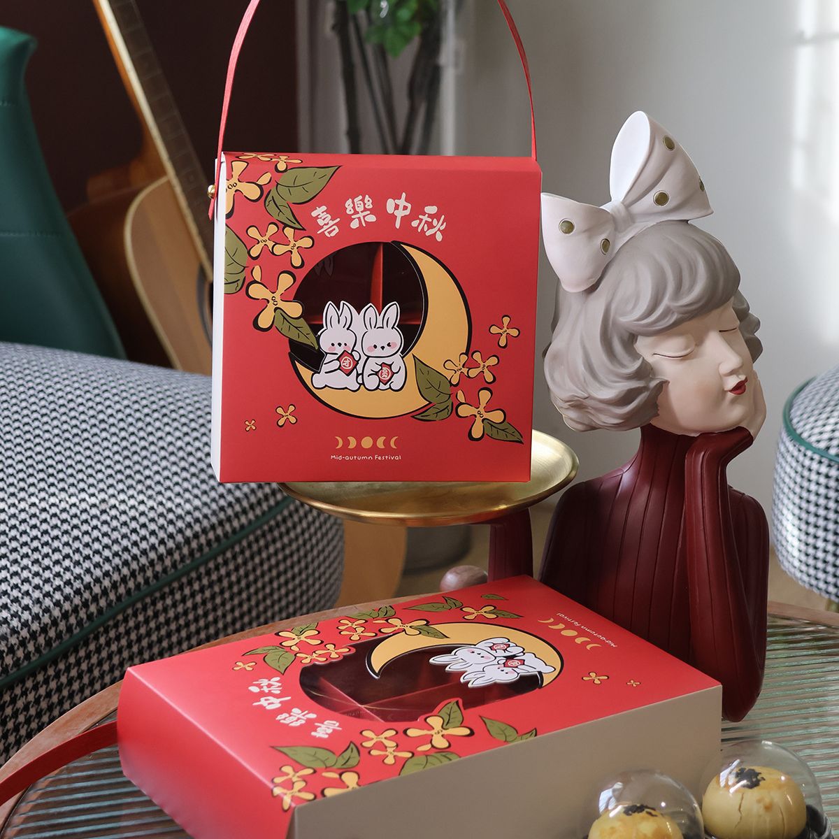 New 4/6 Mooncake Souffle Gift Box Creative Portable Open Window Red Pastry Rabbit Ears Box