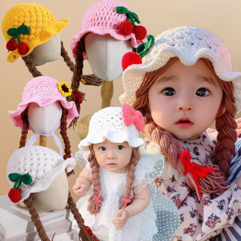 Ins New K-Style Cute Cherry Braid Hat Baby Knitted Hat Hand Hook Twist Ear Protection Newborn Hat Batch