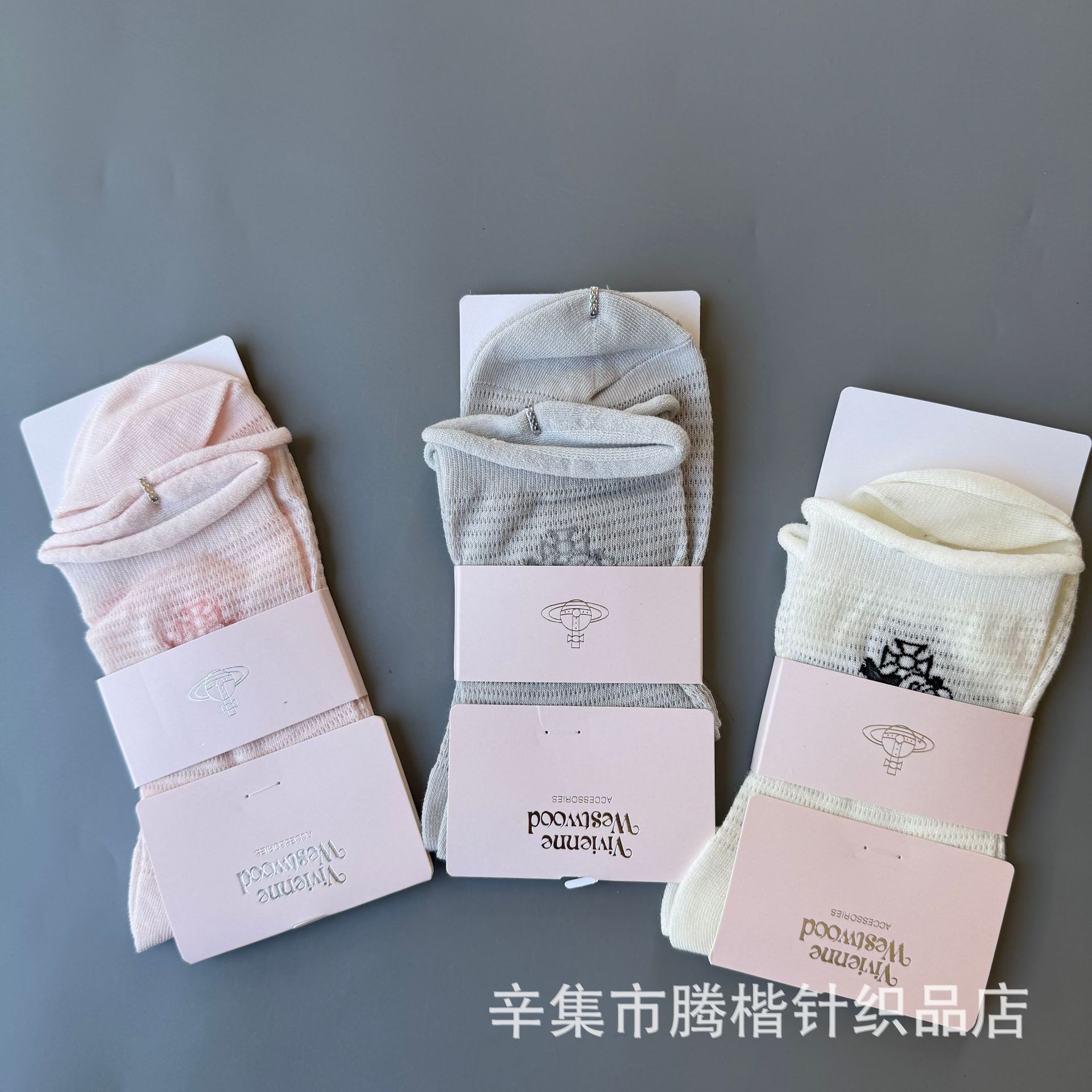 New Empress Dowager Saturn Embroidered Light Luxury Niche Curled Fashion All-match Thin Cotton Summer Mid-high Calf Women's Socks