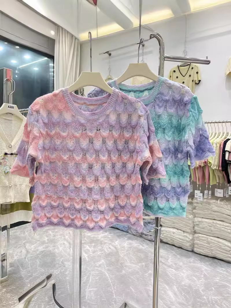 Picture of Summer Thin Heavy Industry Diamond-encrusted Rainbow Color Knitwear Women's New Style Chanel Style Loose Pullover Loose Hollow Top