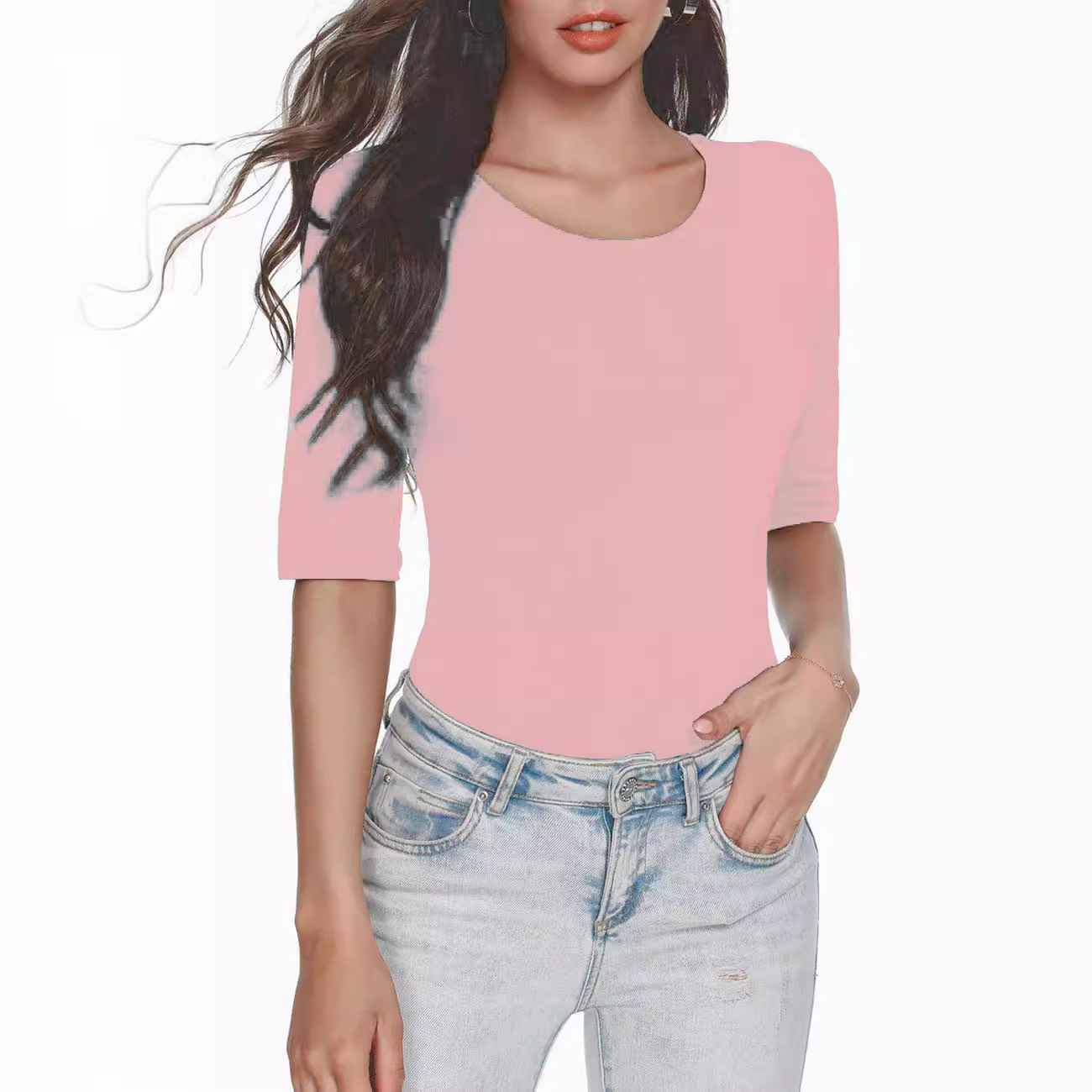 Picture of Cross-border 2024 Amazon wish European and American Foreign Trade Women's New Spring and Summer Casual Round Neck Five-point Sleeve Top for Women