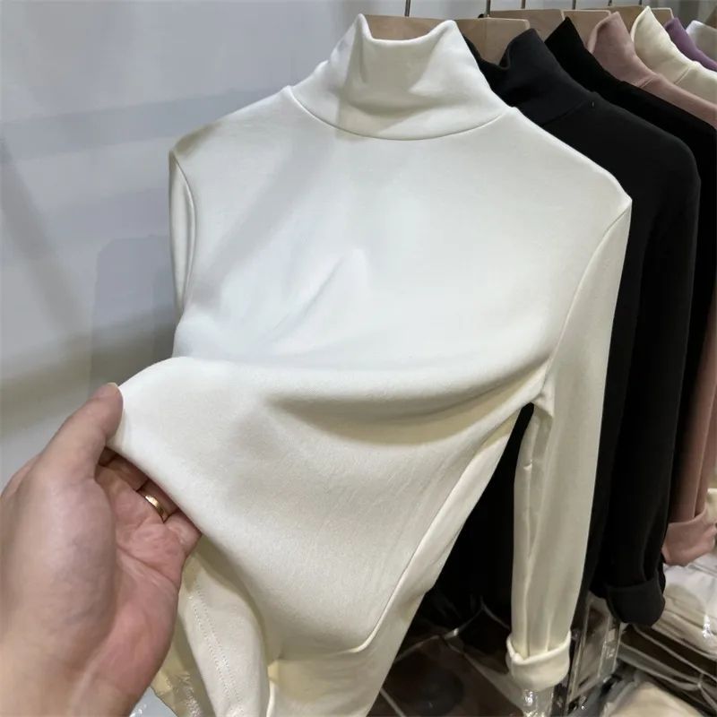 European high collar soft plus velvet long sleeve T-shirt women's 2024 autumn and winter new solid color inner base shirt top