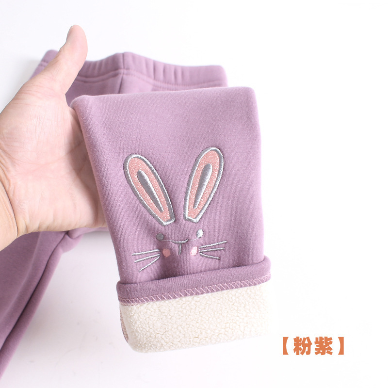 Picture of Winter Girls' Fleece-Lined Pure Cotton Children's Autumn and Winter Pants with Cartoon Bunny Embroidery, Thickened and Warm Baby Trousers