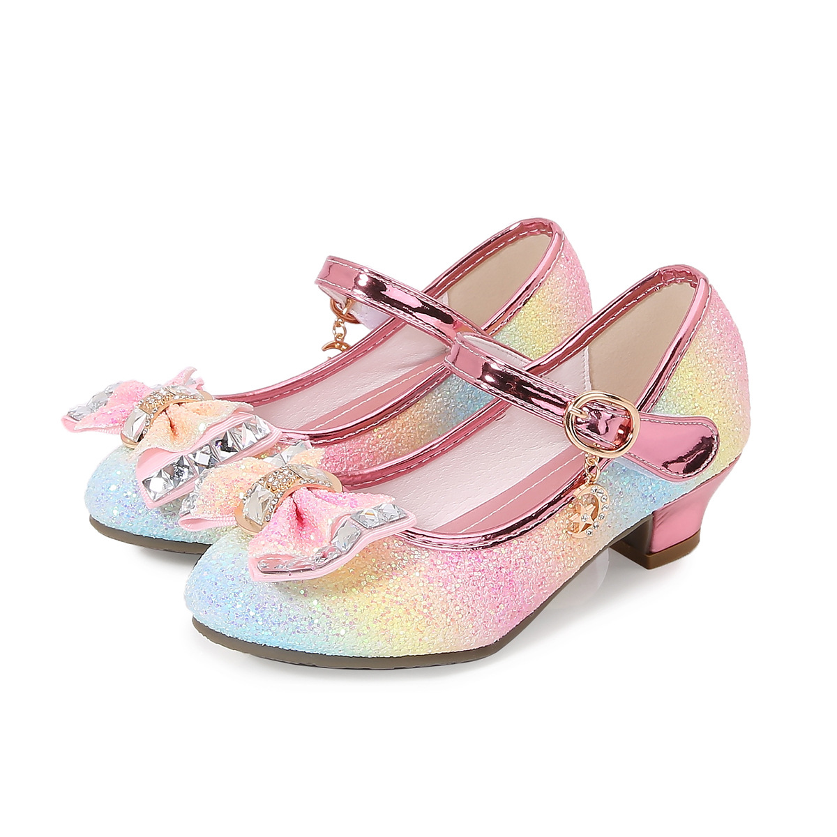 Picture of 2025 Autumn New Girls' Small High Heel Leather Shoes Sequin Upper Bow Decoration Children's Dance Shoes