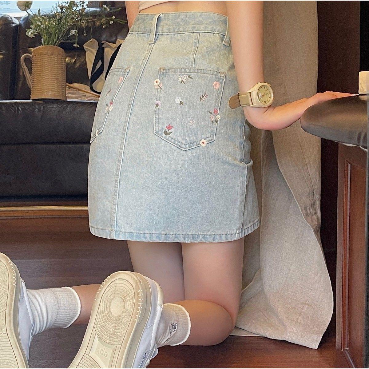 Hot Girl Light-colored Floral High-waisted Hip-covering A-line Denim Short Skirt for Women Summer Japanese Style Slim Skirt ins Trend