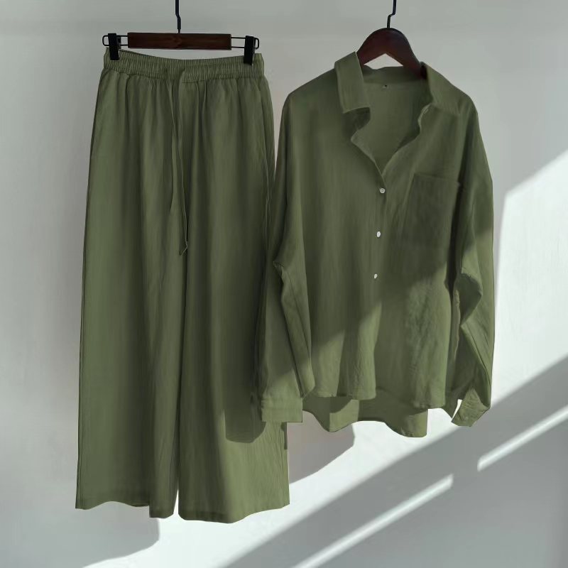 Picture of Cross-border Amazon Women's 2-piece Vintage Plus Size 2022 Cotton and Linen Shirt suit High Waist Loose Trousers