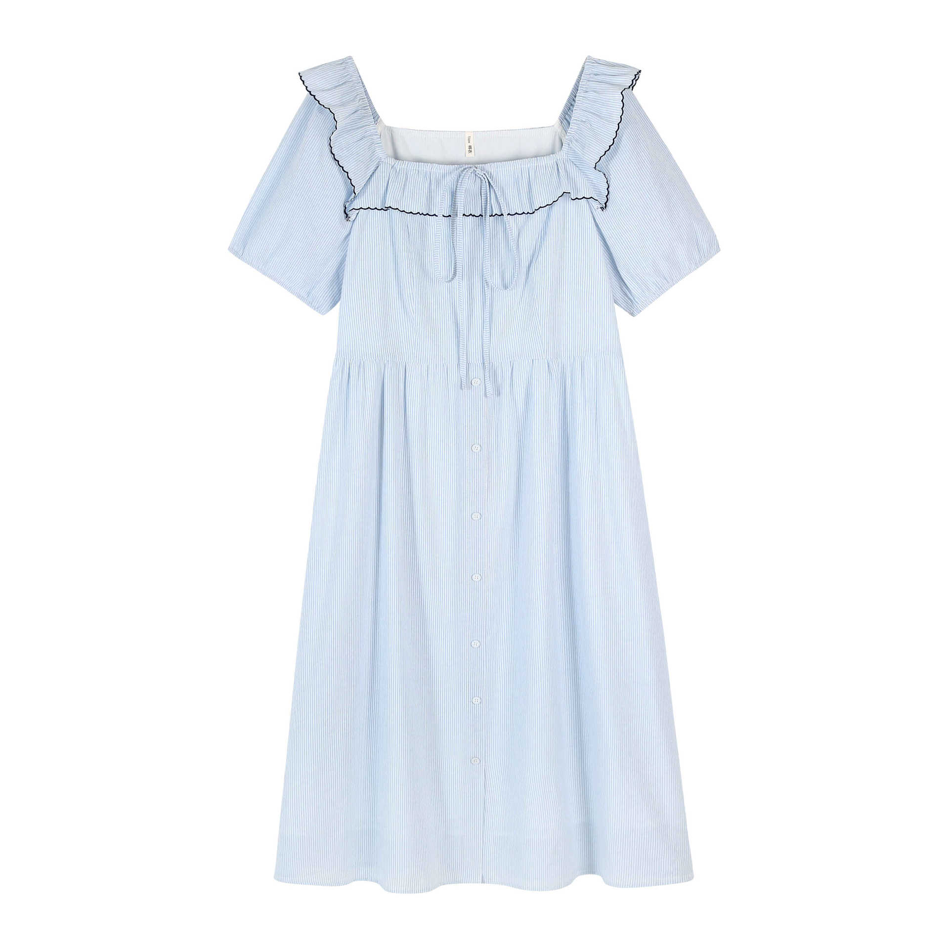Picture of Tea Break French Dress Women's Summer Chubby Girl Plus Size Fungus Lace Square Collar Blue Striped Slim Look Skirt 63019