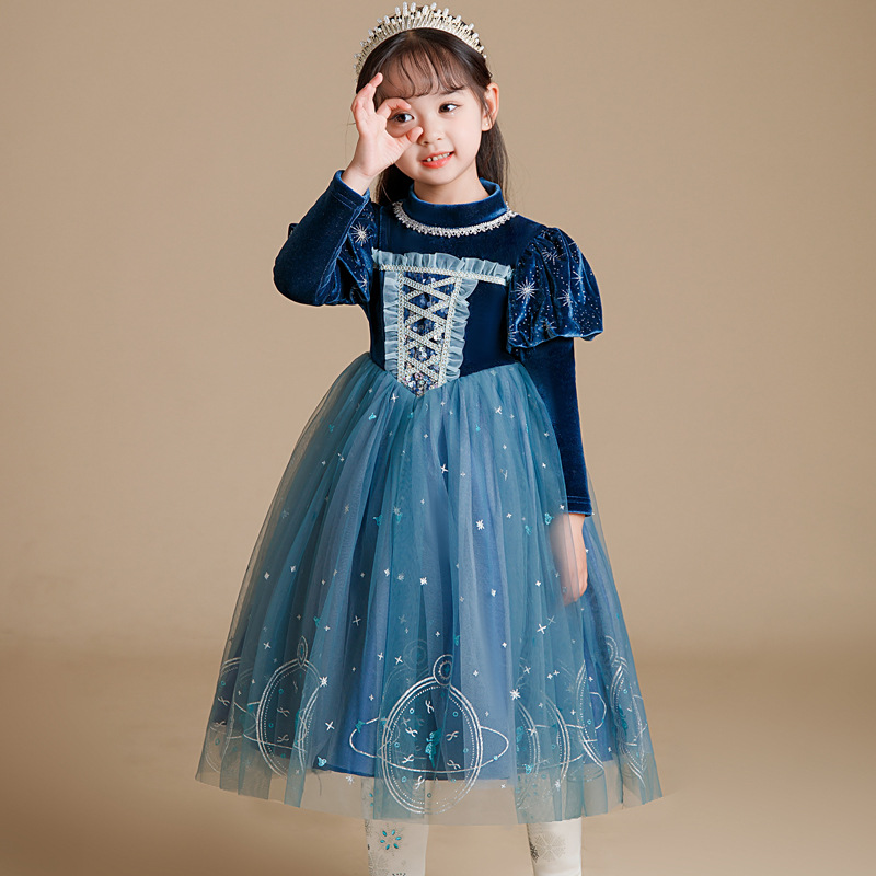 Picture of Blue Velvet Elsa Dress for Girls with Mesh Skirt and Star Details, Sweet Princess Style, Elegant Haute Couture Dress
