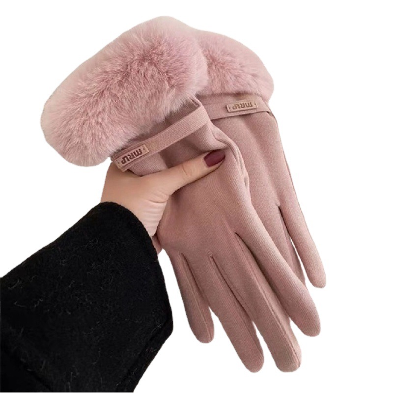 Winter Gloves for Women, Velvet, Thickeneded, Windproof, Plush, Velvet, Rabbit Fur, Cycling and Driving, Keeping Warm, Touch Screen, Soft Feeling