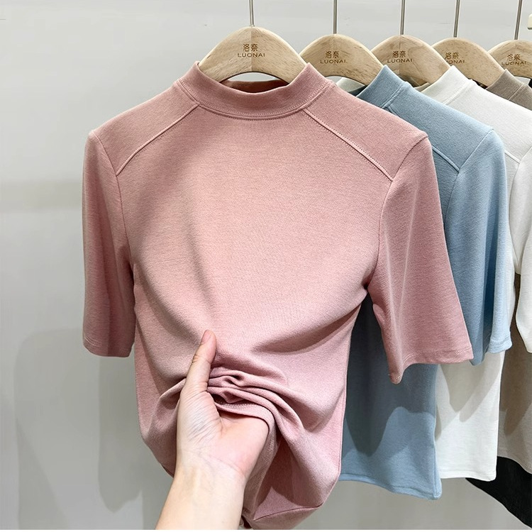 Half-High Collar Mid-Sleeve T-Shirt Women's Ins Spring and Autumn New Styligee Small Collar Half-Sleeve Korean Top Half-Sleeve Base Shirt