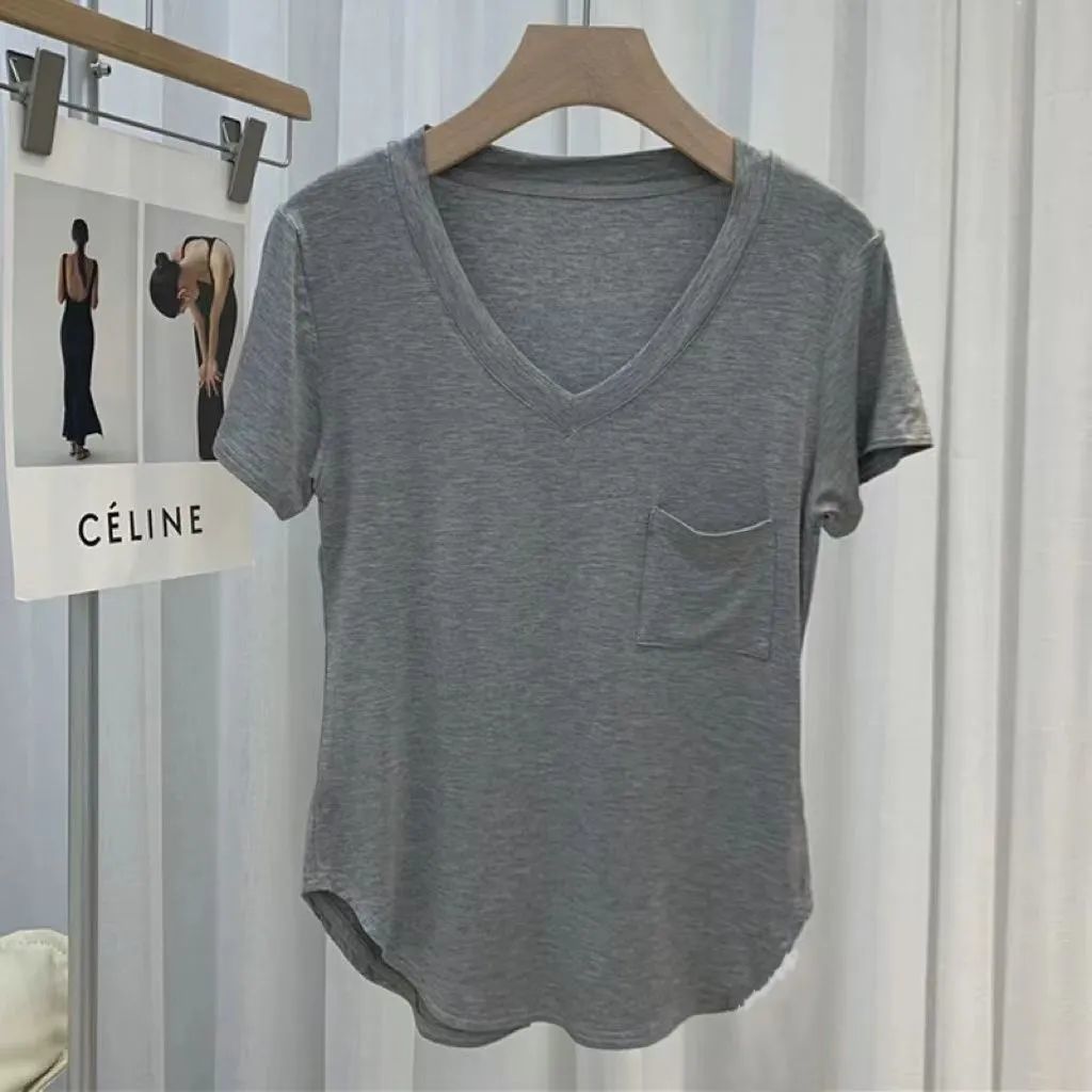 Draped Collarbone Short-sleeved T-shirt Women's 2024 Summer New Korean Style Loose Pure Desire V-neck Top Ins Trendy