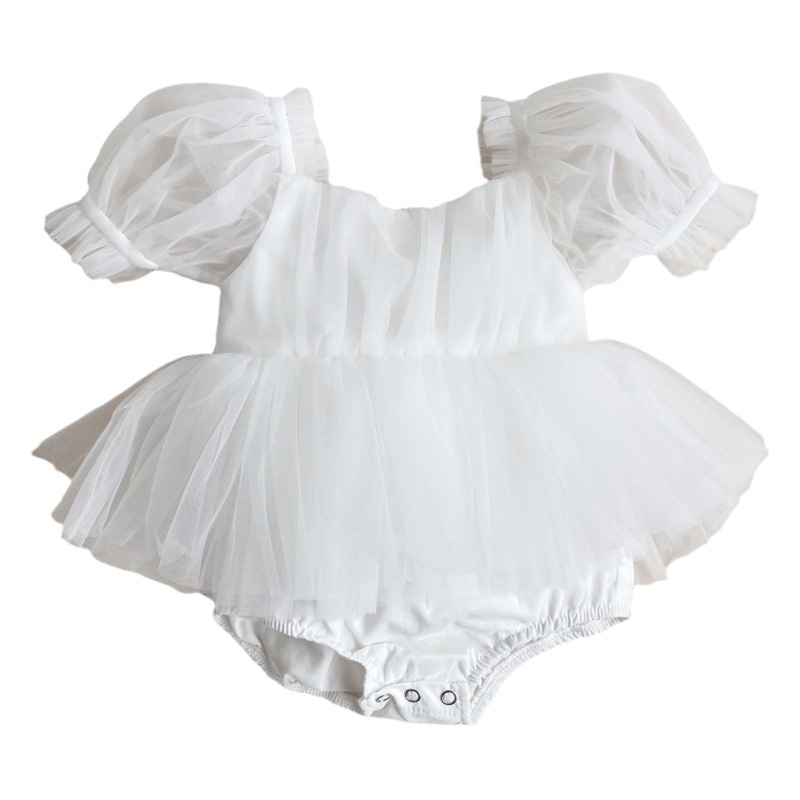 Spring and Summer baby puff sleeve sheath baby girl's big bow mesh dress newborn Princess romper