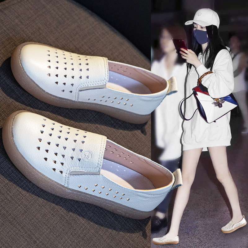 Genuine Leather Loafers for Women 2025 Spring and Summer Cut Out Breathable White Shoes for Women First Layer Cowhide Shallow Mouth Flats Mother's Shoes