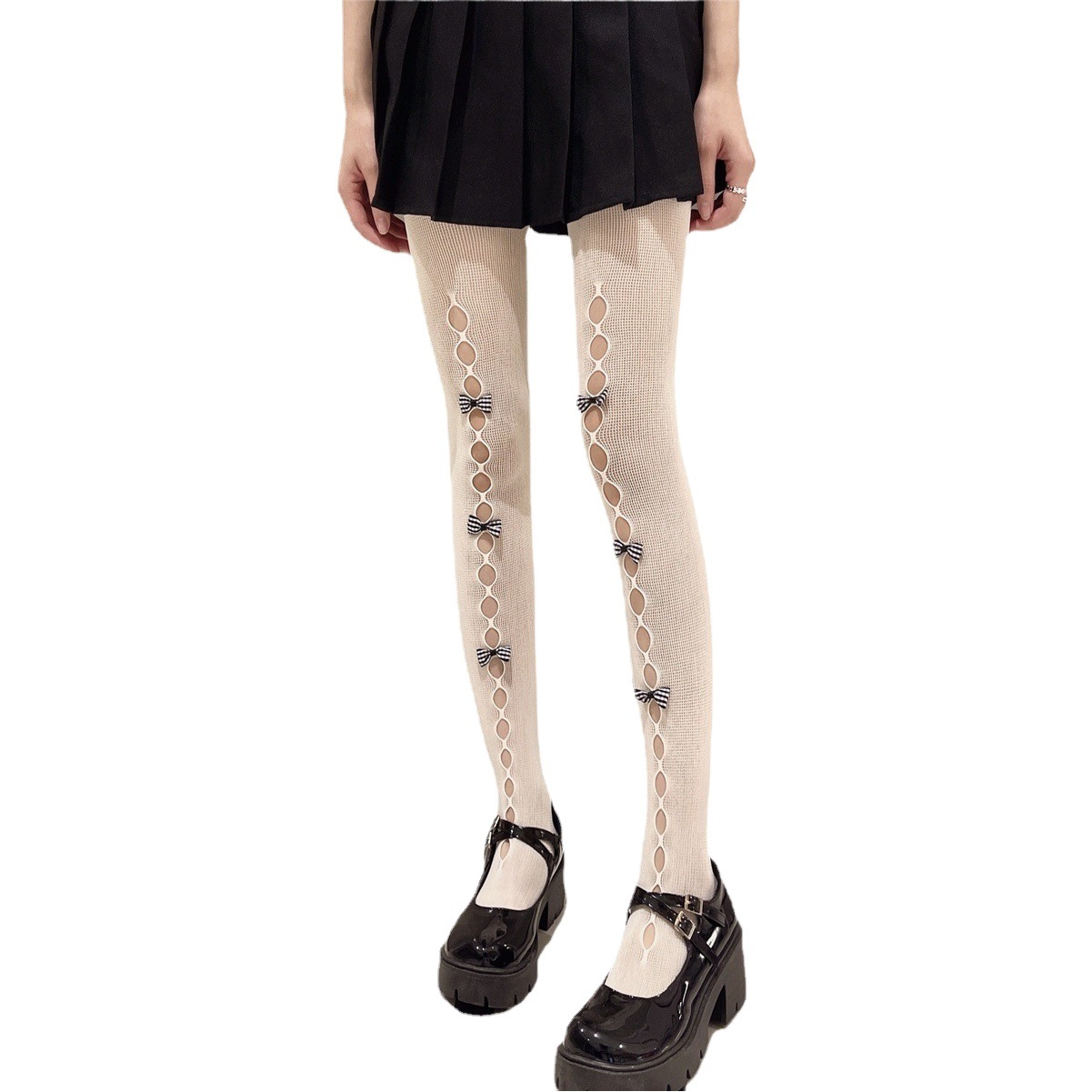 Ins Japanese Style Sweet Girl Plaid Velvet Handmade Bow Cut Out Hole Fishnet Stockings Pantyhose White Stockings