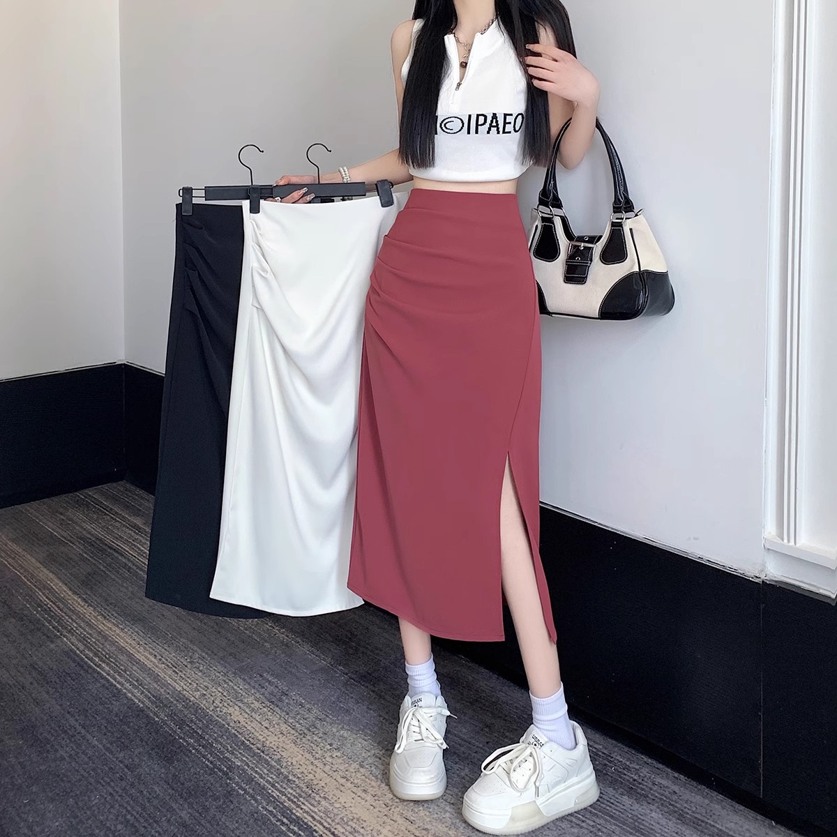 High Waist Draping Short Skirt Long Skirt Women's Thin Summer Irregular Split A- Line Skirt Long Skirt