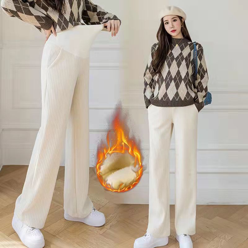 Picture of Autumn and winter pregnant women warm belly pants subnet red plus size outer wear pants fleece-lined loose slim wide leg pants fashion