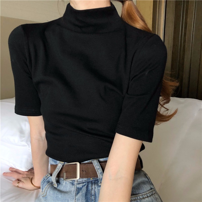 2027# real price (95% cotton 5% spandex) semi-high collar slim bottoming shirt short sleeve T-shirt women's
