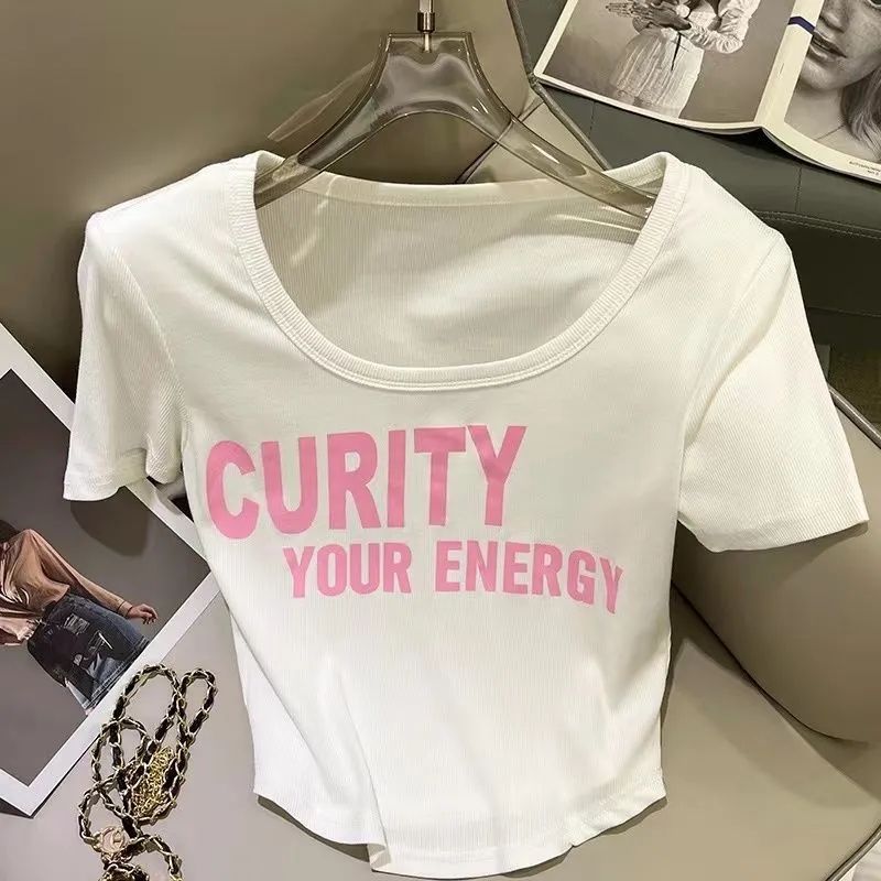 Sweet and Spicy Style Short-sleeved T-shirt Women's Curved Hem Design Sense Shoulder Slim-fit Printed All-match Casual Short Top Trendy