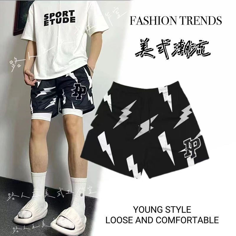 Lightning American Basketball Sports Shorts Men's But Knee High Street Casual Quarterpants Fitness Training Breathable Summer