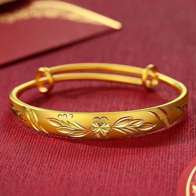 Sand Gold Rich Flowers Blossom Wind Dragon and Phoenix Chengxiang Push-Pull Adjustable Gold-plated Bracelet Women's Holiday Gift for Mother and Elder