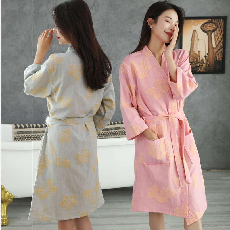 Women's Bathrobe Spring Summer Autumn Thin Yarn-dyed Double-layer Yarn Pure Cotton Bathrobe plus size Absorbent Quick-drying Nightgown Couple's Pajamas