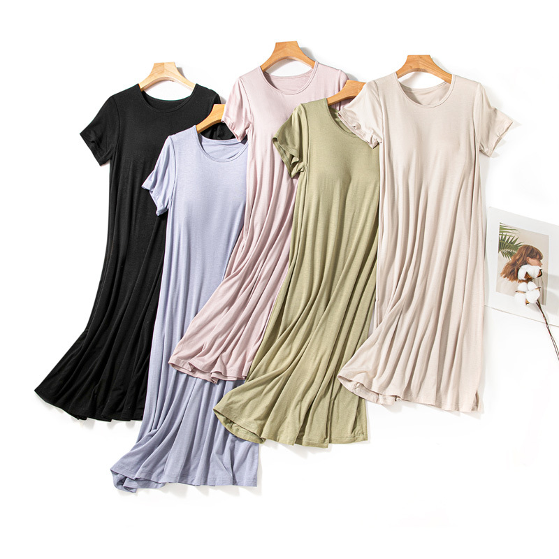 Women's Summer Modal All-In-One Fixed Cup Over-The-Knee Loose Pajamas Large Size Short-Sleeved Can Be Worn Outside with Breast Pads Nightgown