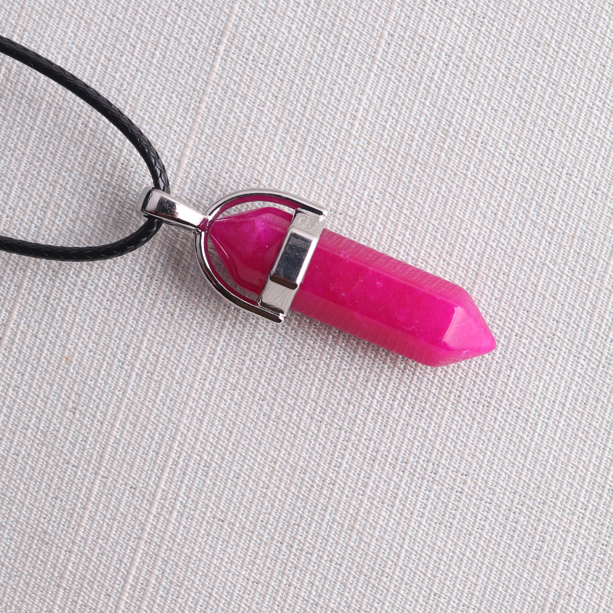 Picture of Natural Stone Hexagonal Pendant European and American Natural Crystal Hexagonal Prism Bullet Hexahedral Black Wax Rope Necklace