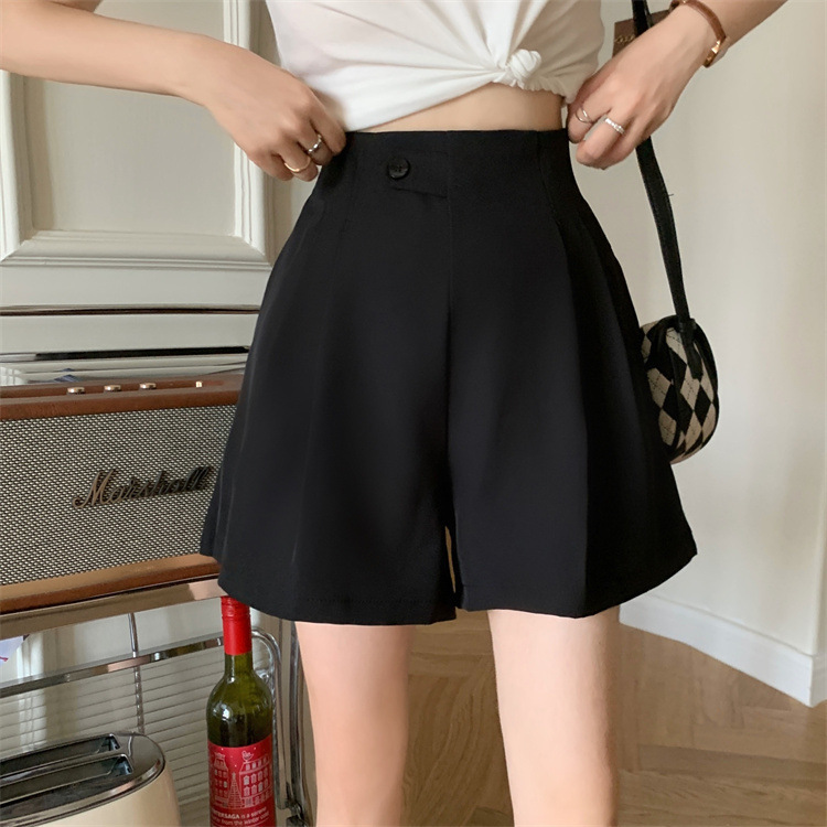 Summer thin women's high-waisted slimming small loose straight wide-leg A-line shorts black casual suit pants