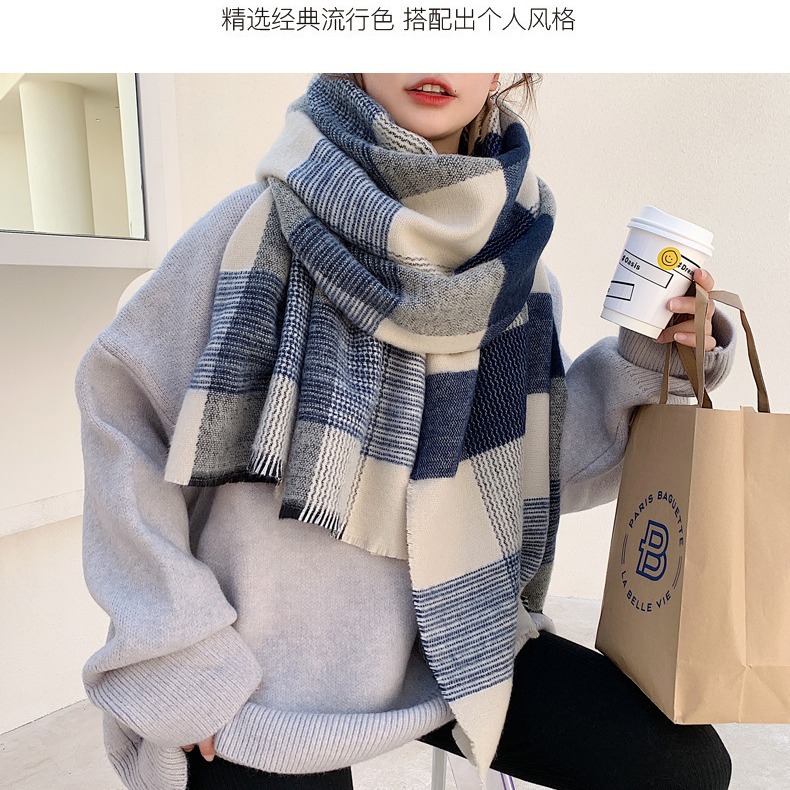 Picture of Blue Plaid Scarf for Women Winter Imitation Cashmere Korean Style Versatile Long Ins Trendy Niche High-End New Scarf