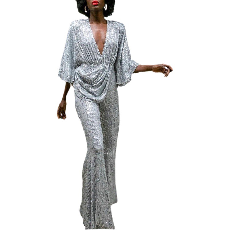 2025 European and American Export New Women's Clothing Ebay Amazon Direct Sales Sequins Sexy Deep V Backless Jumpsuit Pants