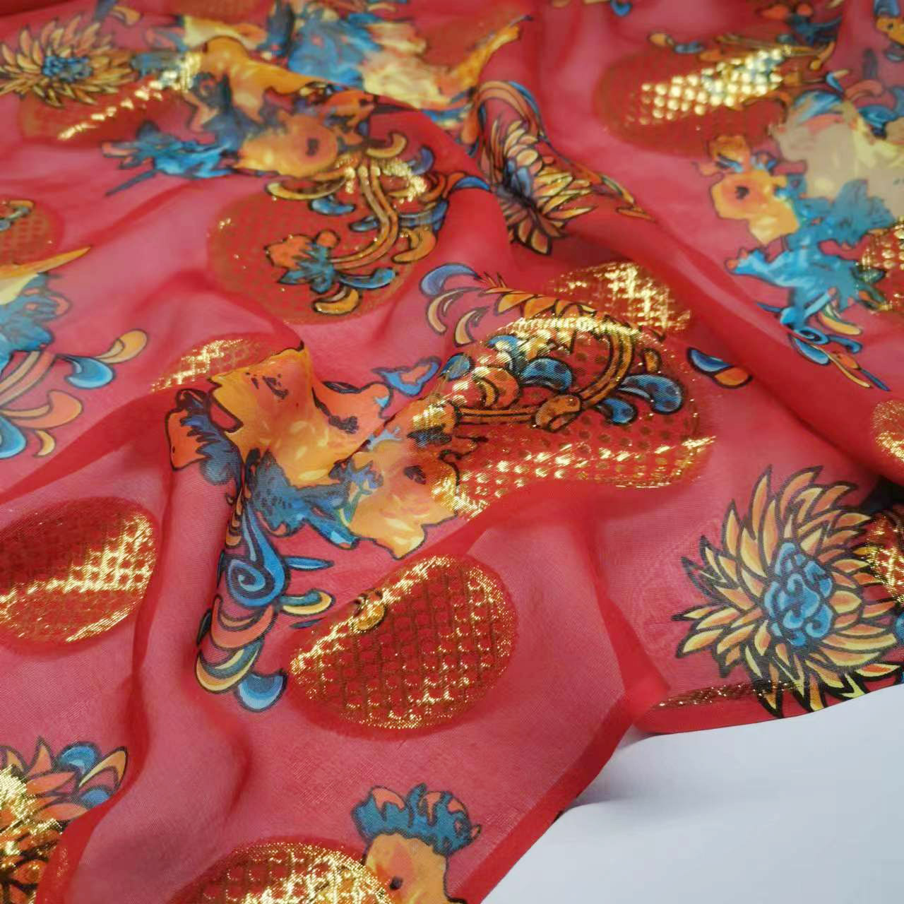 Printed Gold-woven Silk Georgette Fabric 9mm Narrow Bright Silk Fashion Costume Mulberry Silk Fabric