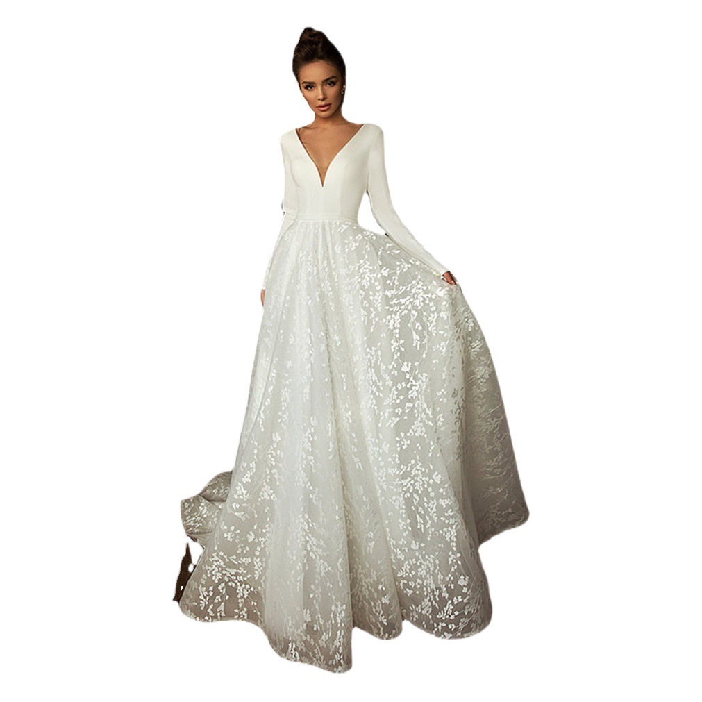 Main Wedding Dress 2025 New Style Bride Lace Slim Fit Lace-Up Snowflake Train Covers Arms Elegant Forest Style Sexy Light Tulle